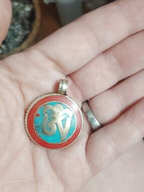 Turquoise and Red Enamel Om Pendant Necklace